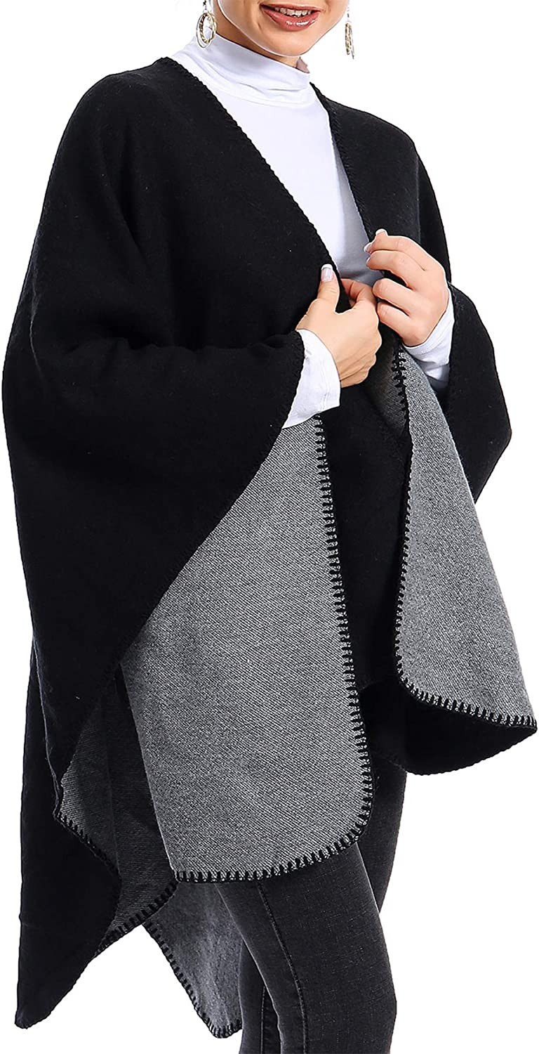 Zando Women s Warm Shawl Wrap Open Front Poncho Cape Color Block Shawls Winter Cardigan Wrap Printed Ponchos for Women 2