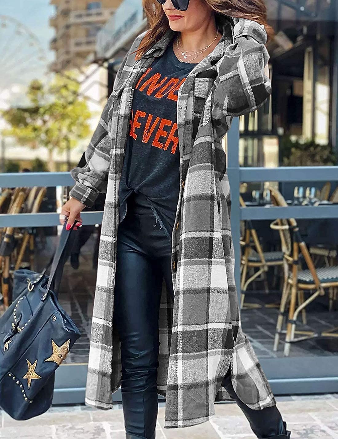 Beaully Women s Long Flannel Plaid Shacket with Side Pocket Lapel Long Sleeve Button Down Shirt Jacket Coat