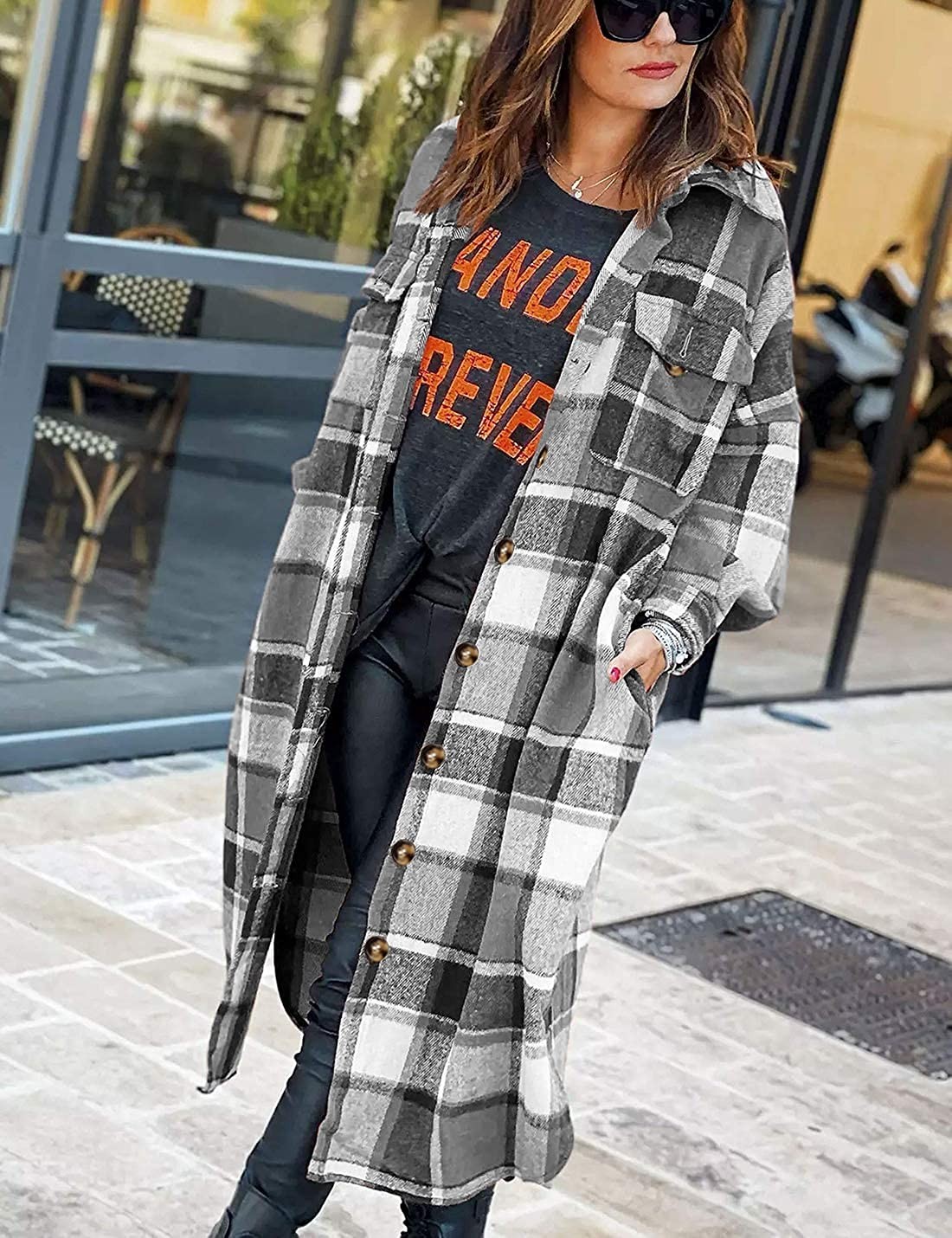 Beaully Women s Long Flannel Plaid Shacket with Side Pocket Lapel Long Sleeve Button Down Shirt Jacket Coat