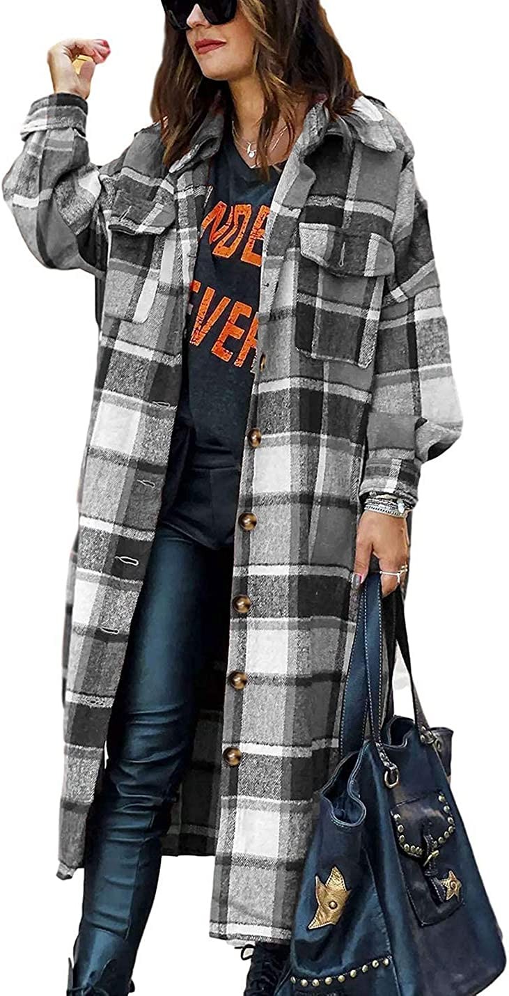 Beaully Women s Long Flannel Plaid Shacket with Side Pocket Lapel Long Sleeve Button Down Shirt Jacket Coat