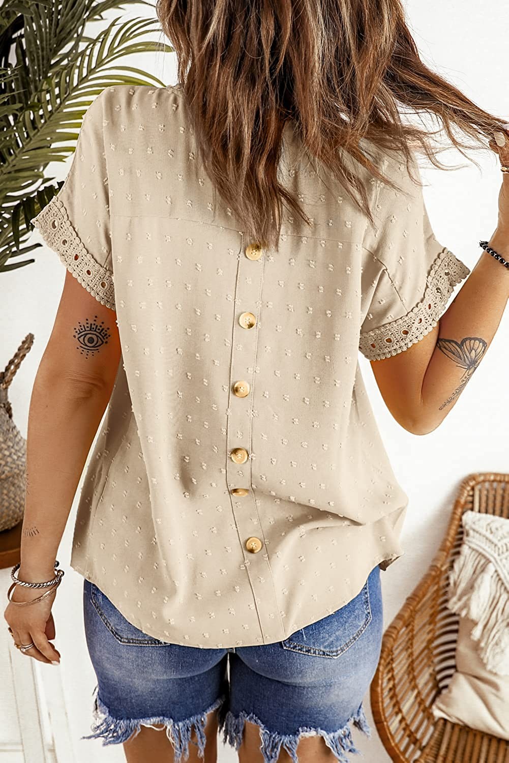 Womens Summer Boho Tops Casual Short Sleeve Shirt Crewneck Lace Crochet Chiffon Blouses