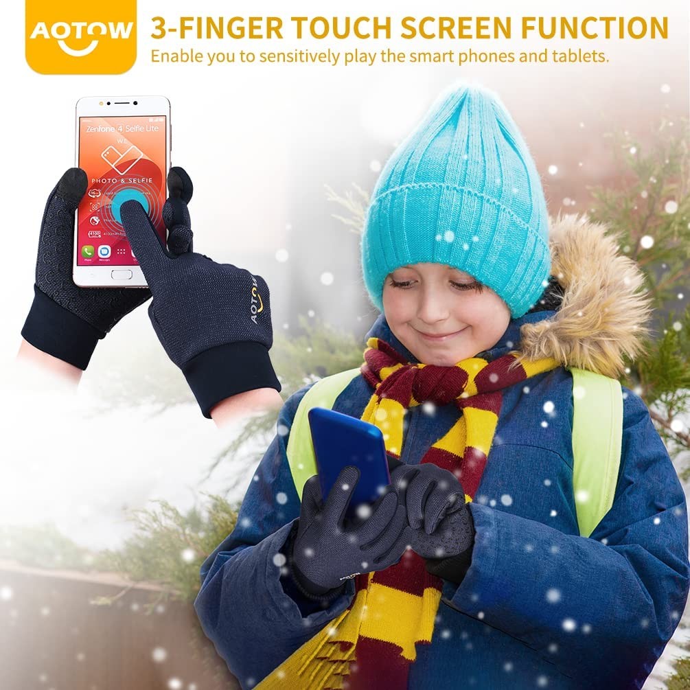 Kids Winter Warm Cycling Gloves - Boys Girls Touch Screen Anti-Slip Running Gloves Cold Weather Windproof Waterproof Children Thermal Fleece Mittens for Football Ski Bike Snow Aged 4-12