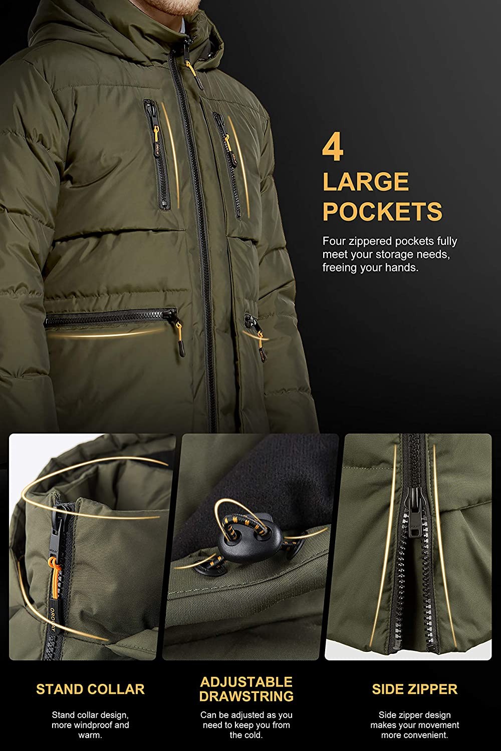 Orolay Men s Thickened Down Jacket Hooded Winter Coats with 6 Pockets