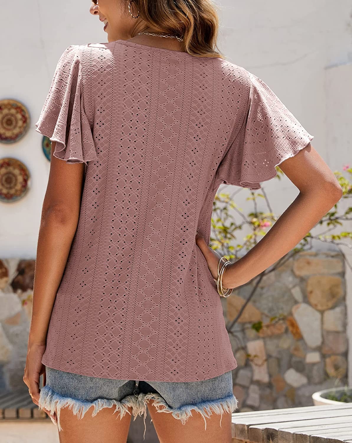 Women s Summer Ruffle Short Sleeve Hollow Out Tops Casual Crew Neck Loose Tshirts