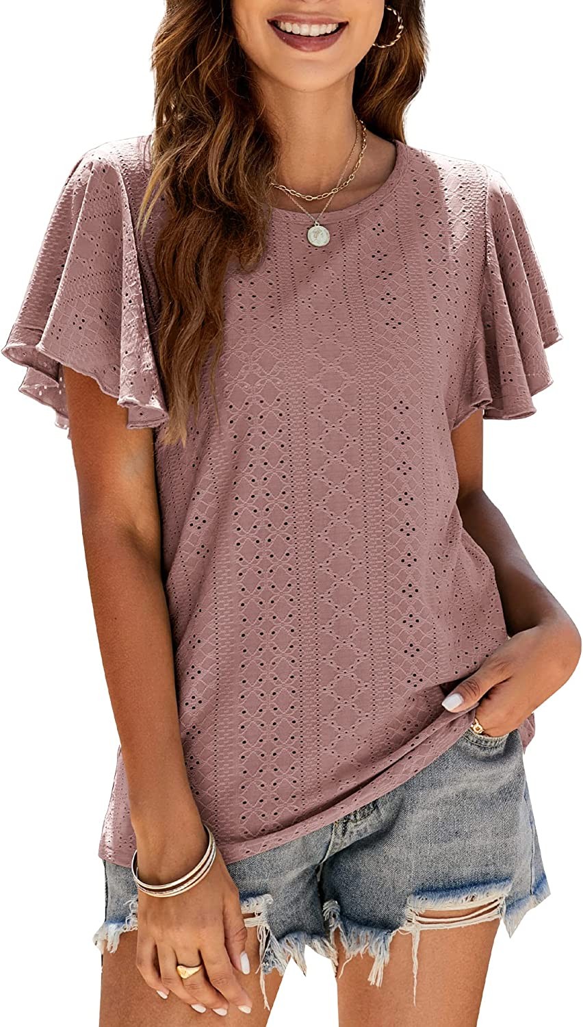 Women s Summer Ruffle Short Sleeve Hollow Out Tops Casual Crew Neck Loose Tshirts