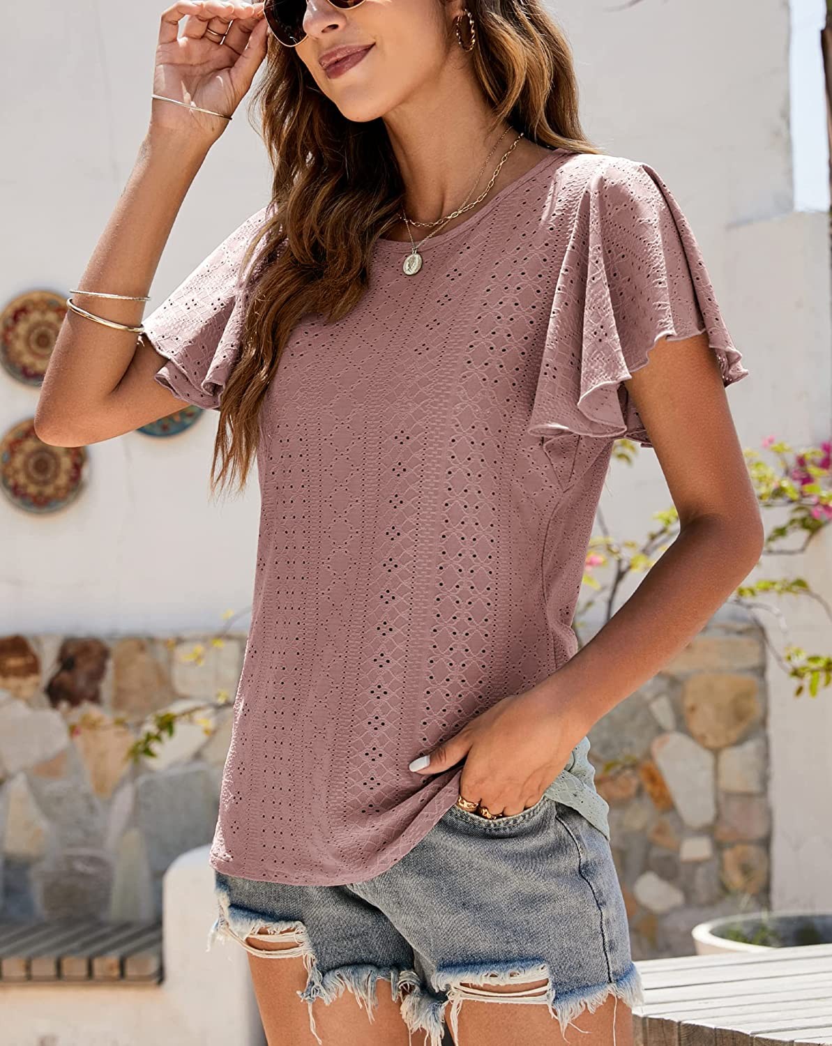 Women s Summer Ruffle Short Sleeve Hollow Out Tops Casual Crew Neck Loose Tshirts