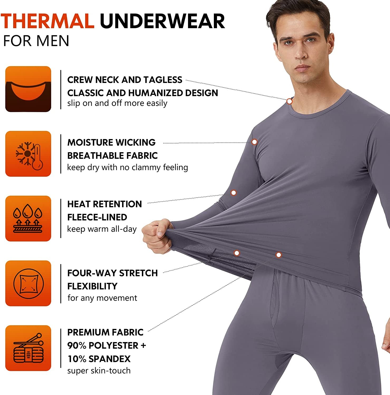 Thermal Underwear for Men - 2 Pack Sets Ultra Soft Long Johns - Warm Base Layers with Fleece Lined for Cold Weather