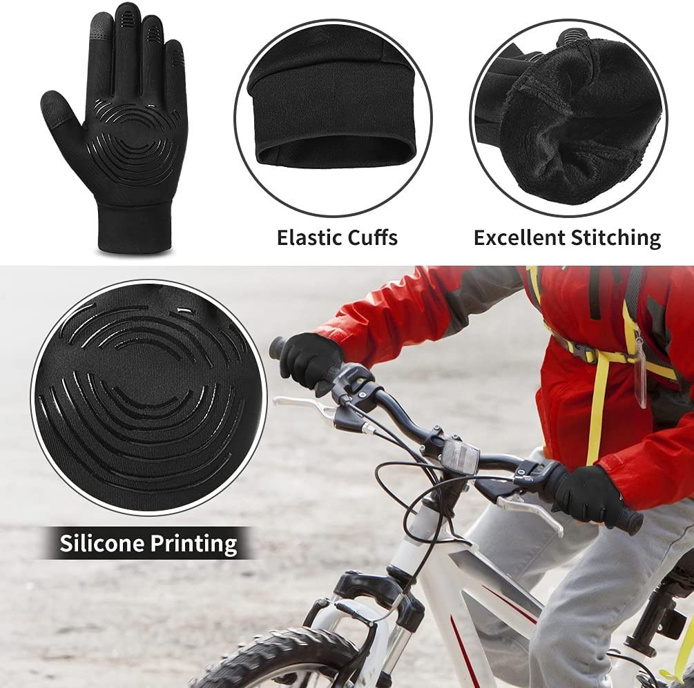 OKIDSO Kids Winter Touch Screen Gloves: Waterproof Cold Weather Warm Running Sports Mittens for Aged 6-12 Boy & Girl Black & Grey