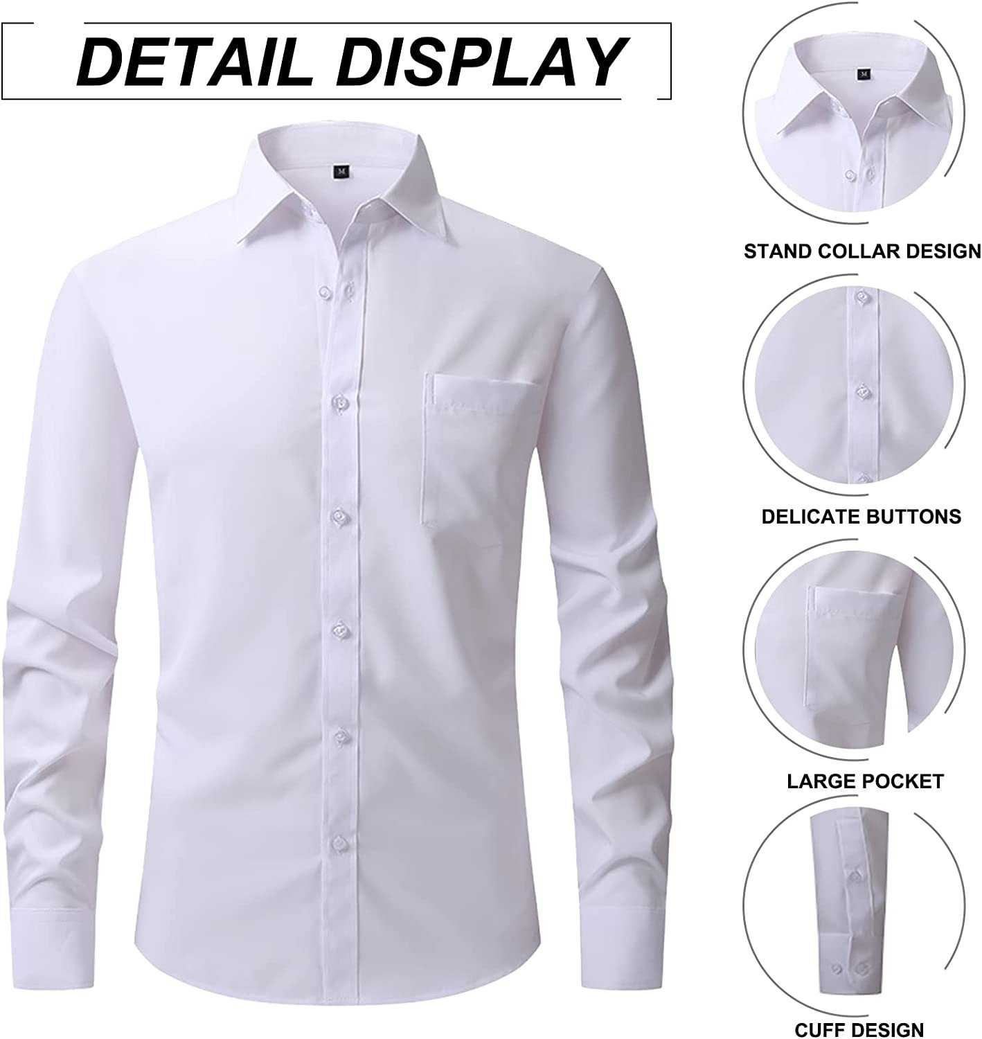 HOTIAN Men s Regular Fit Dress Shirt Stretch Button-Down Shirt Spread Collar Long Sleeve with Pockets