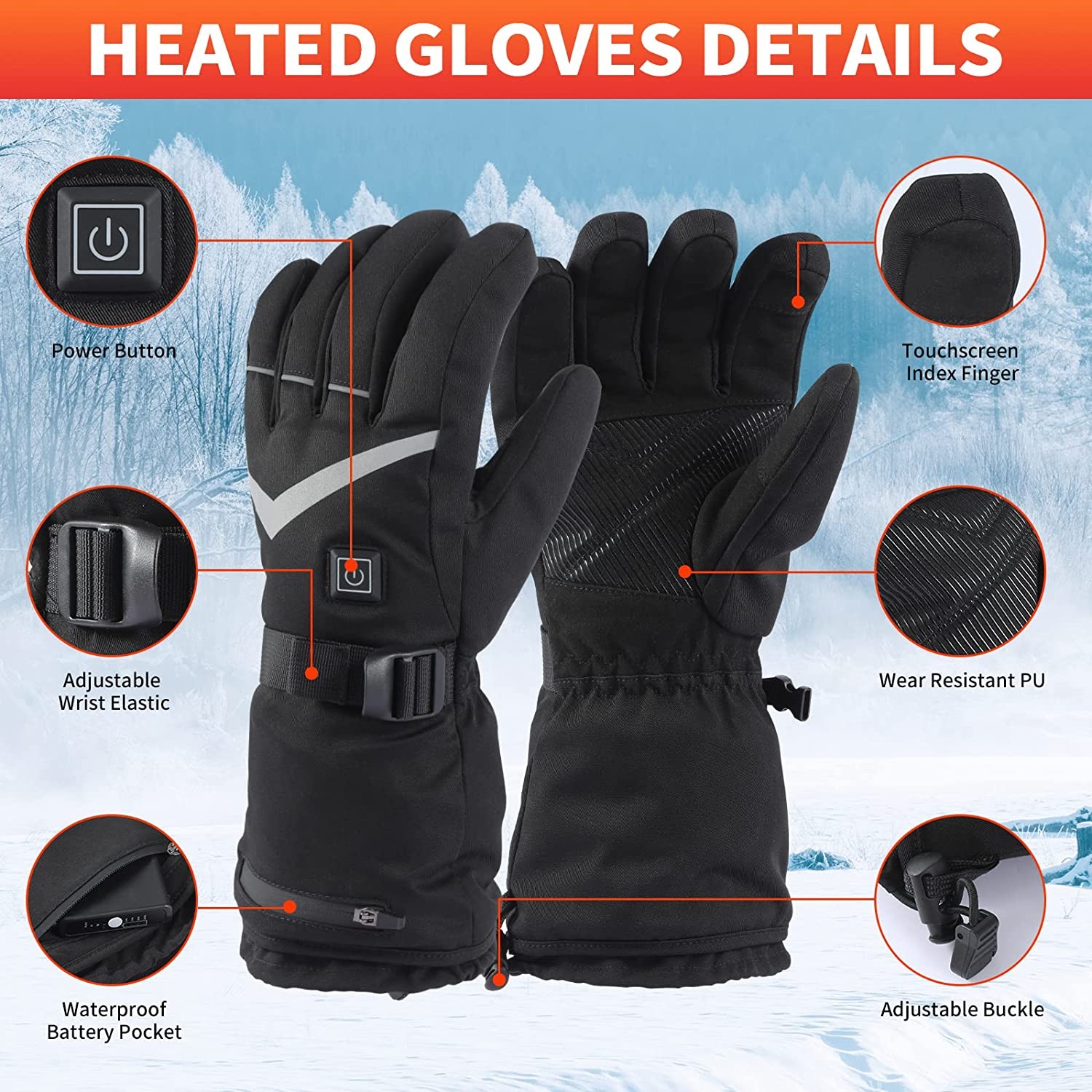 Heated Gloves for Men Women, 5000mAh Rechargeable Electric Battery Heated Gloves, Waterproof Touchscreen Hand Warmer Winter Gloves for Motorcycle, Hunting, Cycling, Snowboarding Outdoor Winter Sport