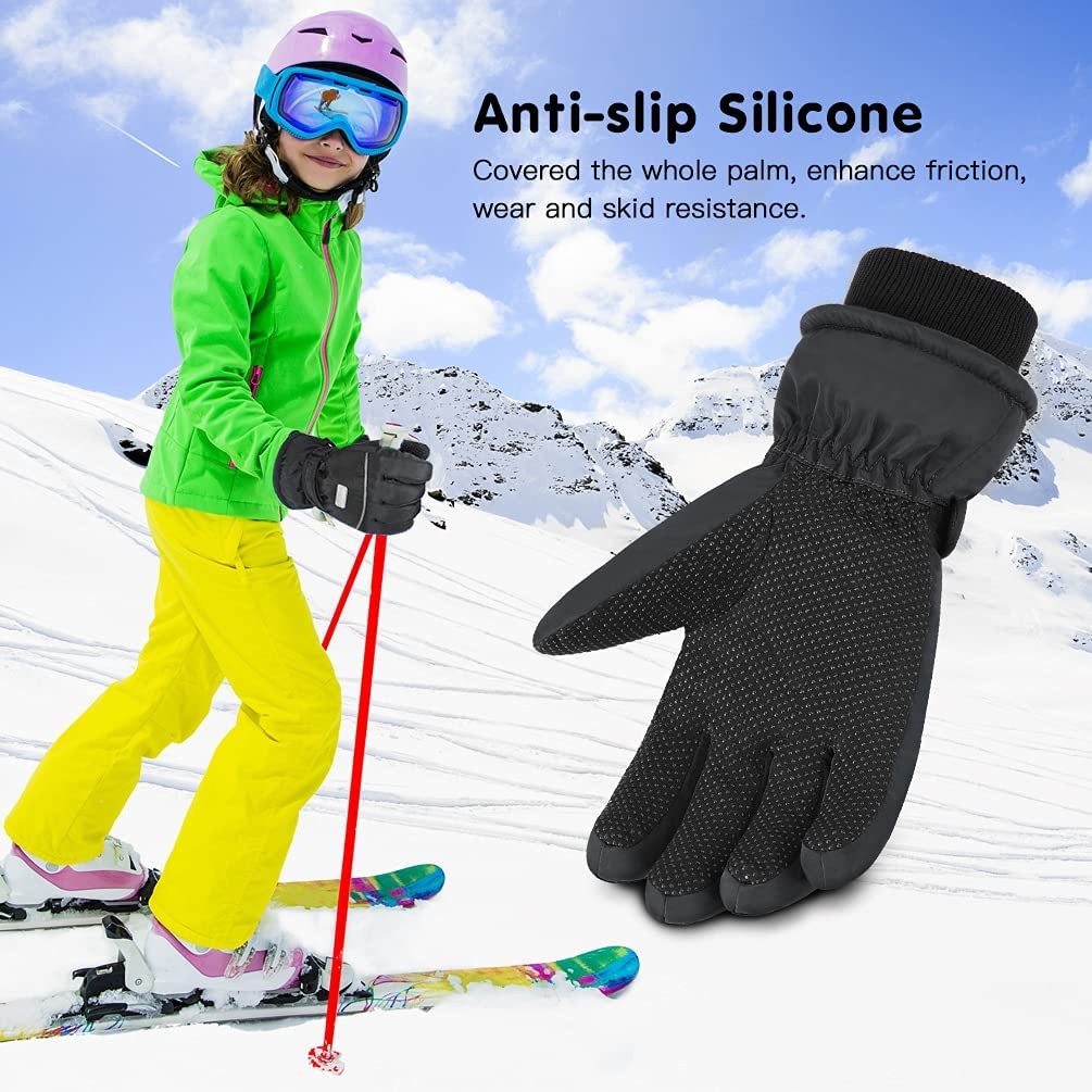 Kids Winter Gloves Snow Ski - Boys Girls Warm Waterproof Windproof Cold Weather Thermal Fleece Anti Slip Mittens with Grip for Skiing Snowboard Outdoor Sport Black Aged 6 - 12 Years