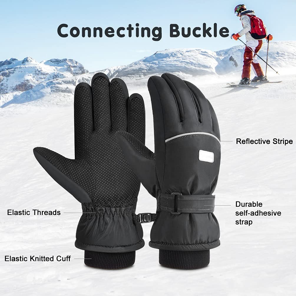 Kids Winter Gloves Snow Ski - Boys Girls Warm Waterproof Windproof Cold Weather Thermal Fleece Anti Slip Mittens with Grip for Skiing Snowboard Outdoor Sport Black Aged 6 - 12 Years