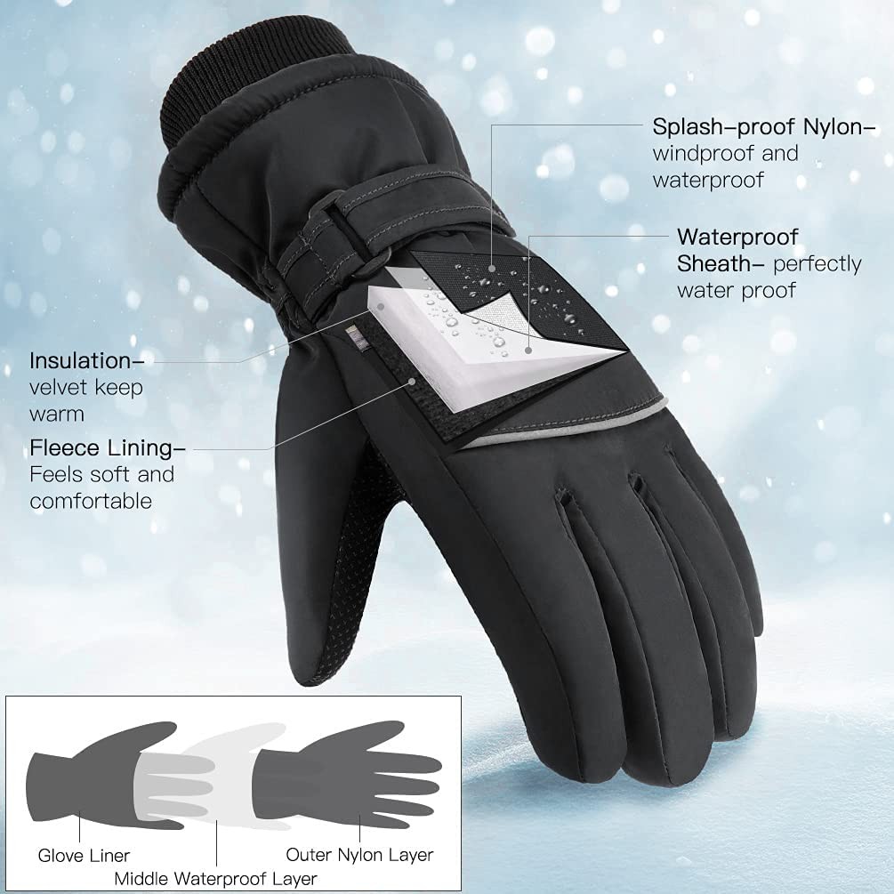 Kids Winter Gloves Snow Ski - Boys Girls Warm Waterproof Windproof Cold Weather Thermal Fleece Anti Slip Mittens with Grip for Skiing Snowboard Outdoor Sport Black Aged 6 - 12 Years