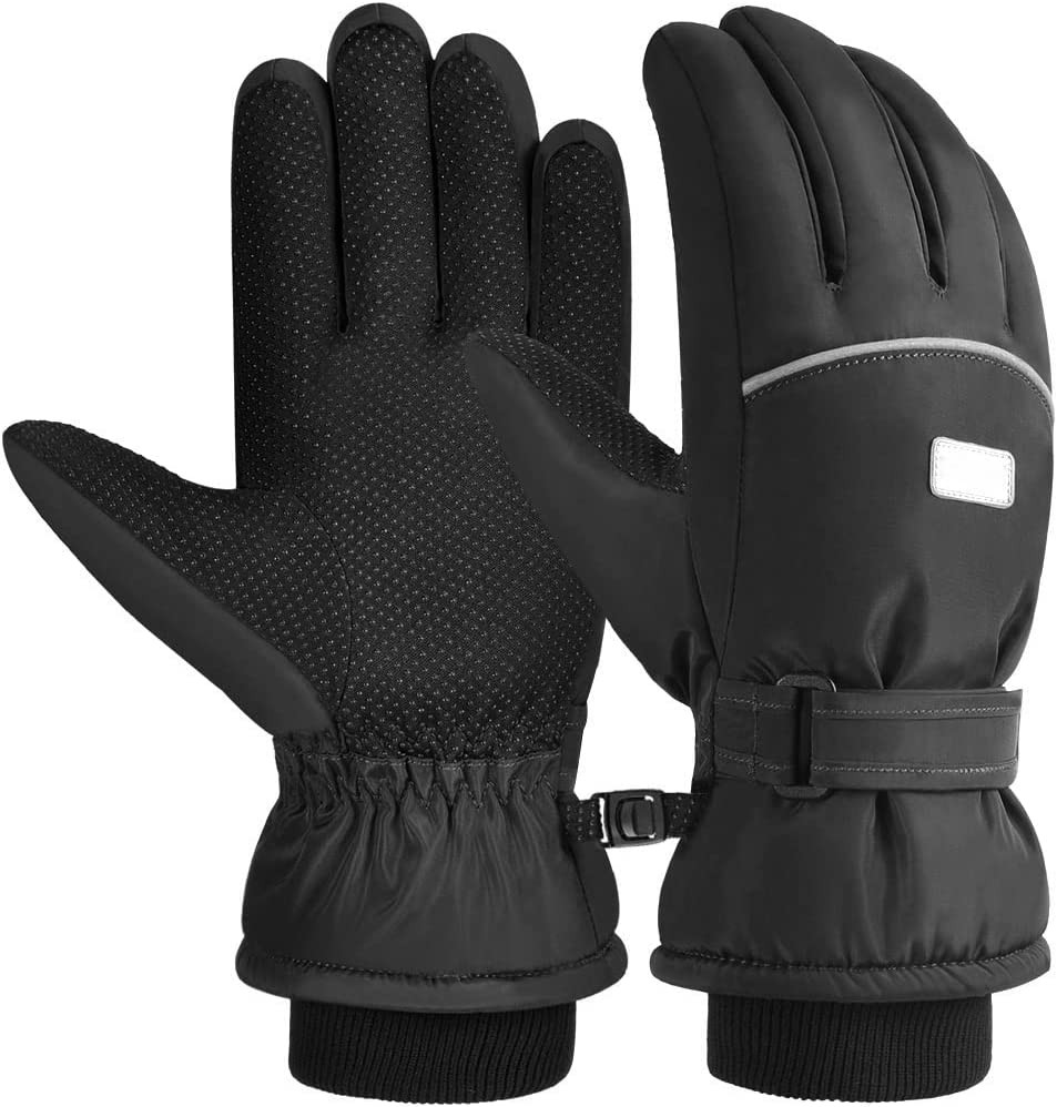 Kids Winter Gloves Snow Ski - Boys Girls Warm Waterproof Windproof Cold Weather Thermal Fleece Anti Slip Mittens with Grip for Skiing Snowboard Outdoor Sport Black Aged 6 - 12 Years