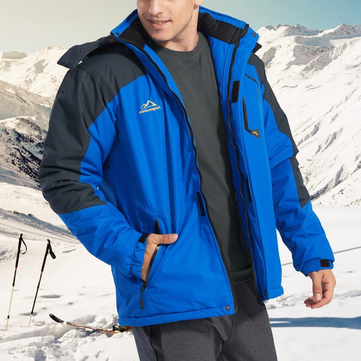 TACVASEN Men s Skiing Jacket with Hood Waterproof Hiking Fishing Travel Fleece Jacket Parka Raincoat