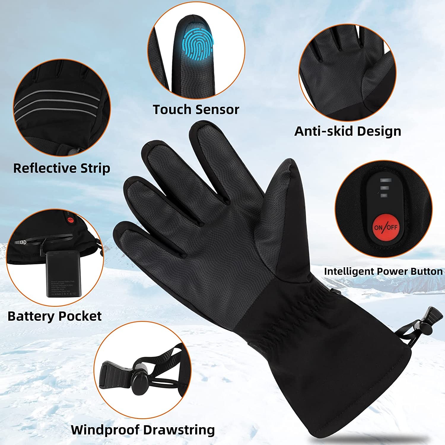 Heated Gloves for Men Women, 5000mAh Electric Rechargeable Battery Winter Motorcycle Heated Gloves, Waterpoof Hand Warm Gloves