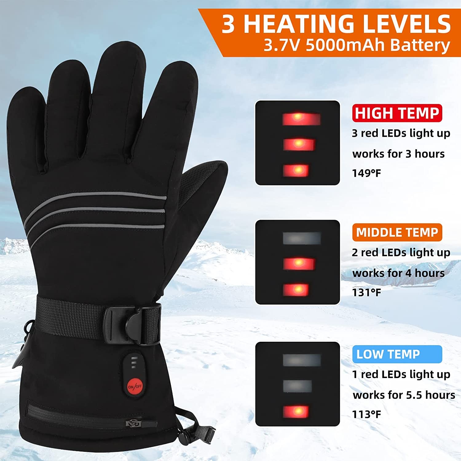 Heated Gloves for Men Women, 5000mAh Electric Rechargeable Battery Winter Motorcycle Heated Gloves, Waterpoof Hand Warm Gloves