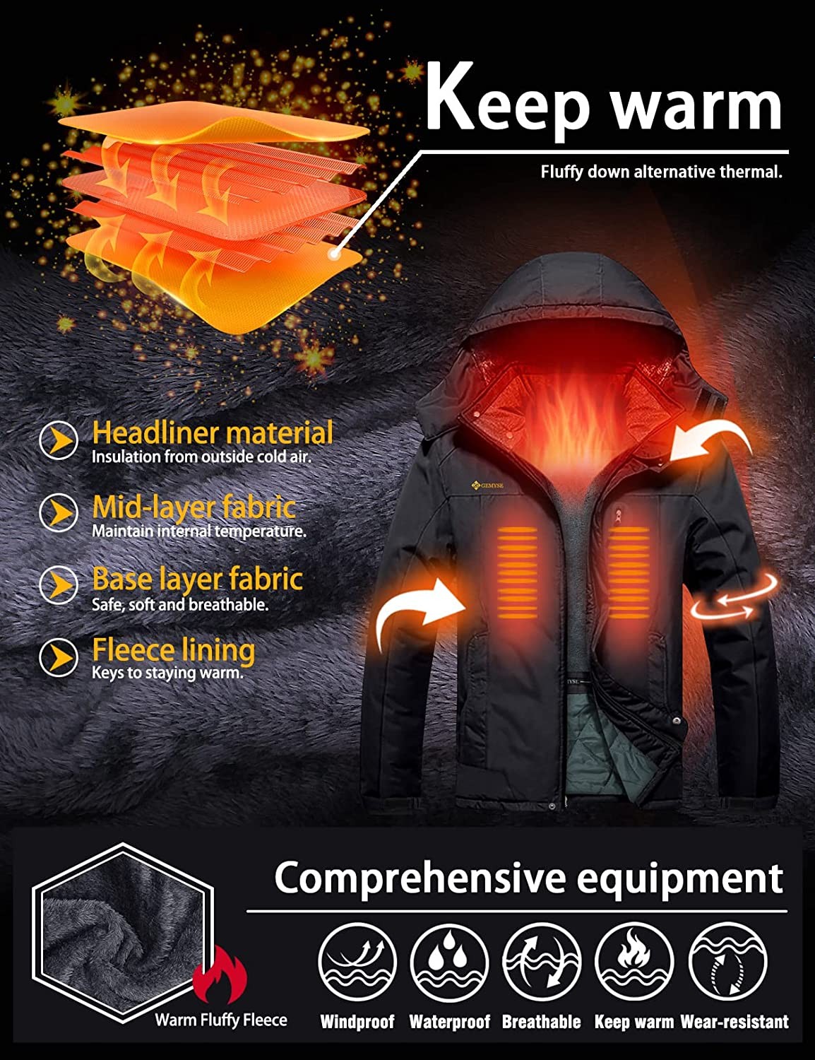 GEMYSE Men s Mountain Waterproof Ski Snow Jacket Winter Windproof Rain Jacket