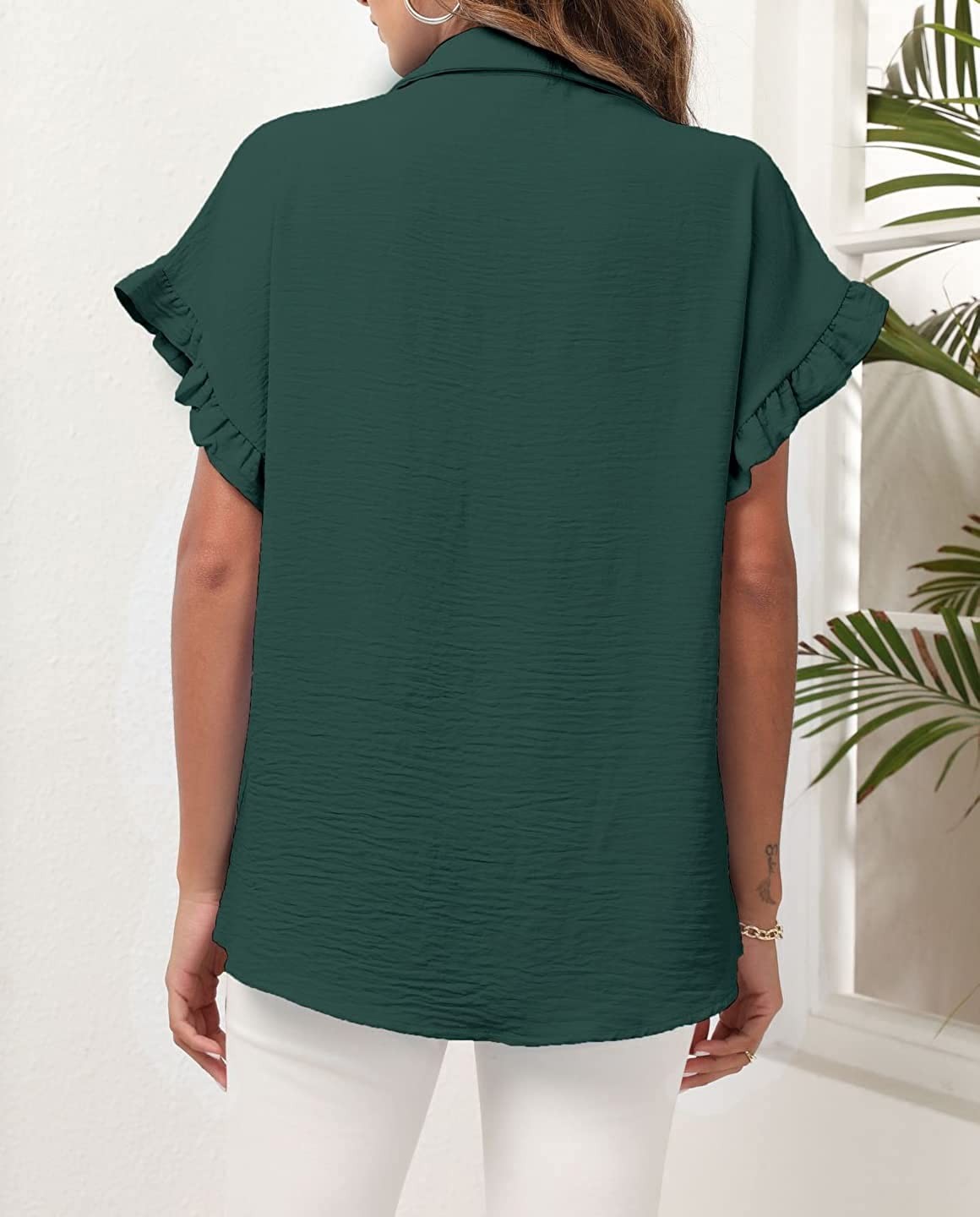 Women s Button Down Ruffle Short Sleeve V Neck Shirts Casual Loose Chiffon Blouses Tops