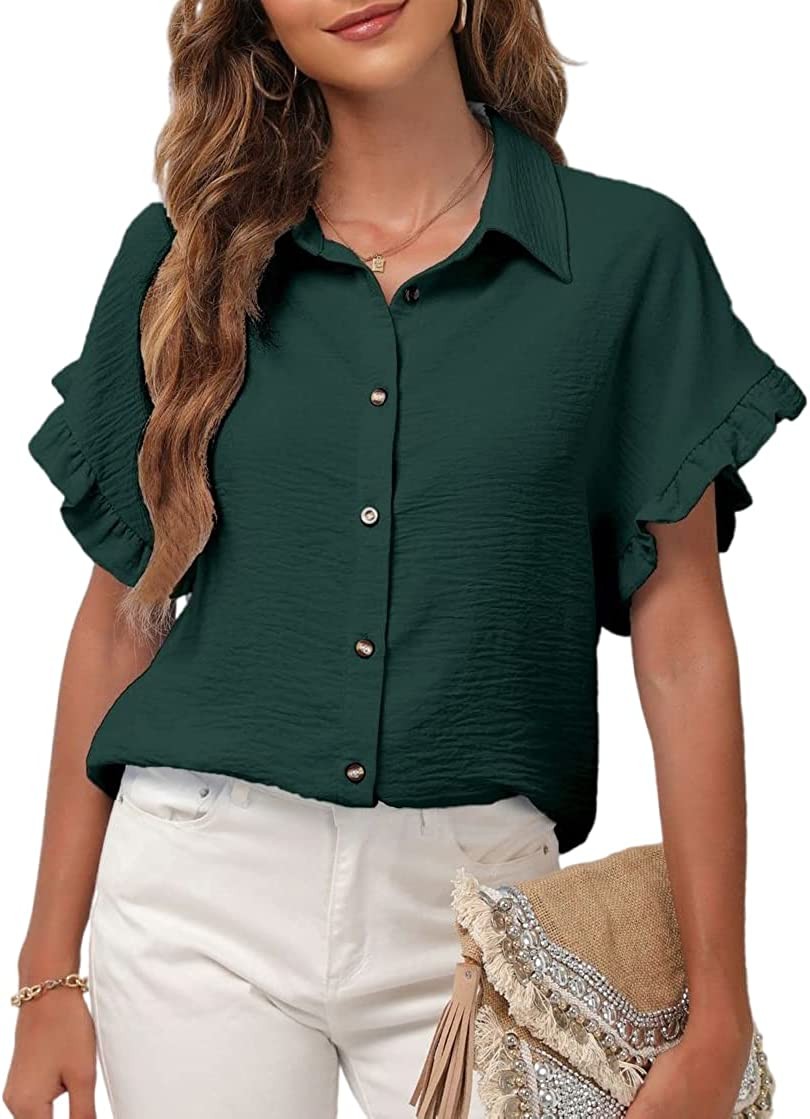 Women s Button Down Ruffle Short Sleeve V Neck Shirts Casual Loose Chiffon Blouses Tops