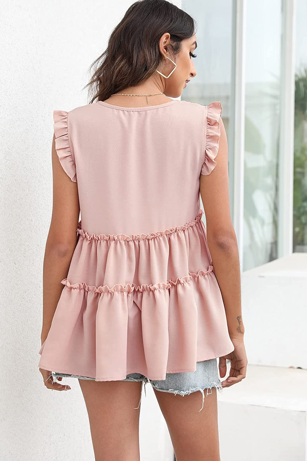 Beaully Women s Summer Floral Ruffle Sleeve Babydoll Blouses Casual Solid V Neck Tiered Shirt Tank Tops