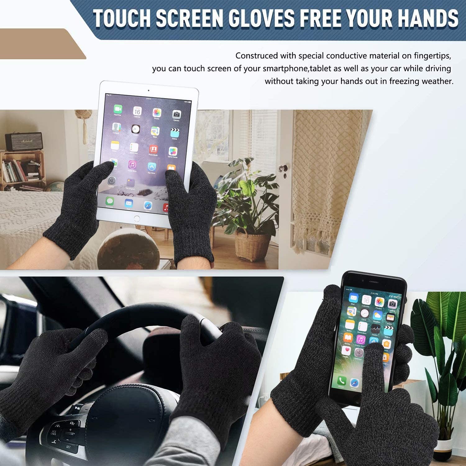 Winter Warm Beanie Hat Touchscreen Gloves Set, Soft Skull Cap Gloves Set for Men and Women with Warm Knit Fleece Lined