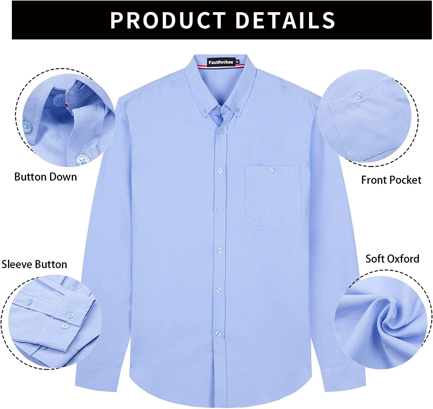 FastRockee Men s Oxford Shirts with Pocket Long Sleeve Regular-Fit