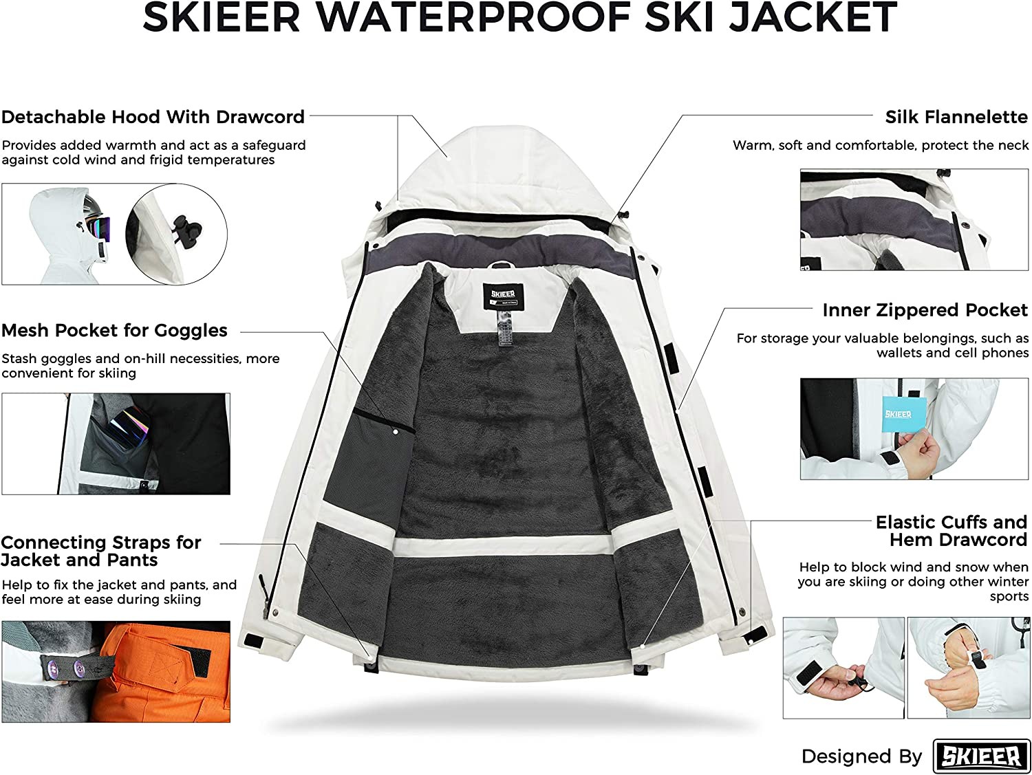 Skieer Men s Mountain Waterproof Ski Jacket Winter Rain Jacket Warm Fleece Snow Coat