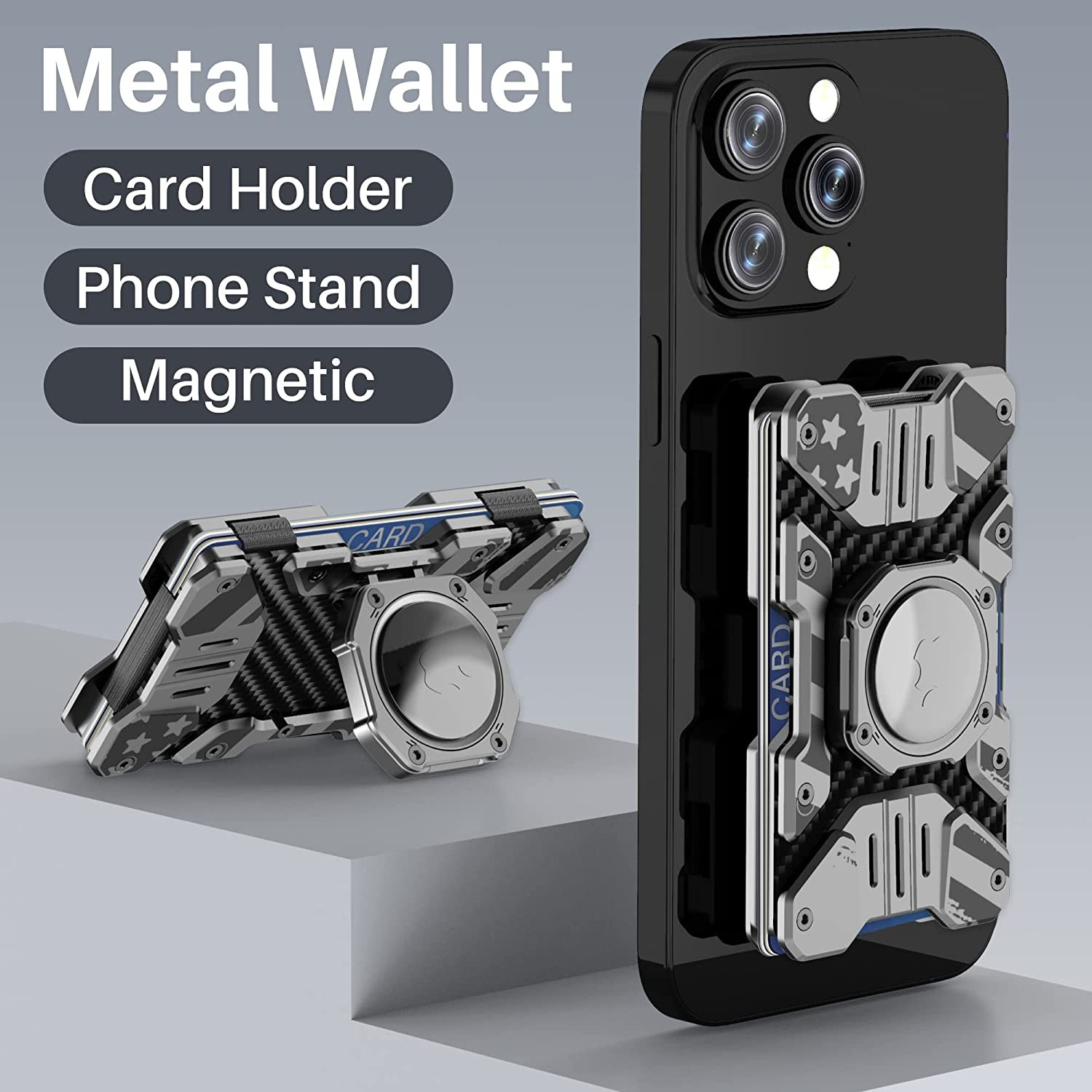 HiYouth Minimalist Metal Wallet For Men , Slim Aluminum Airtag Wallet Card Holder , Cool Magnetic Magsafe Wallet Stand Foldable , ( Jet Black )