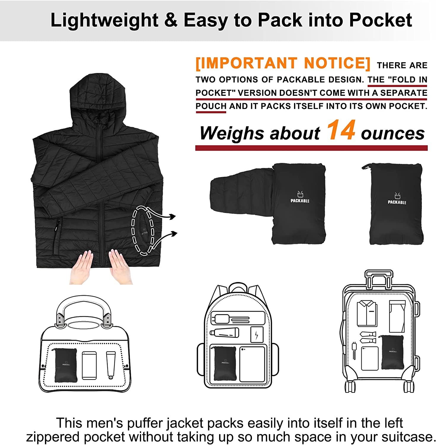 Outdoor Ventures Men s Lightweight Packable Hooded Puffer Jacket Insulated Winter Coat for Snow Ski Traveling