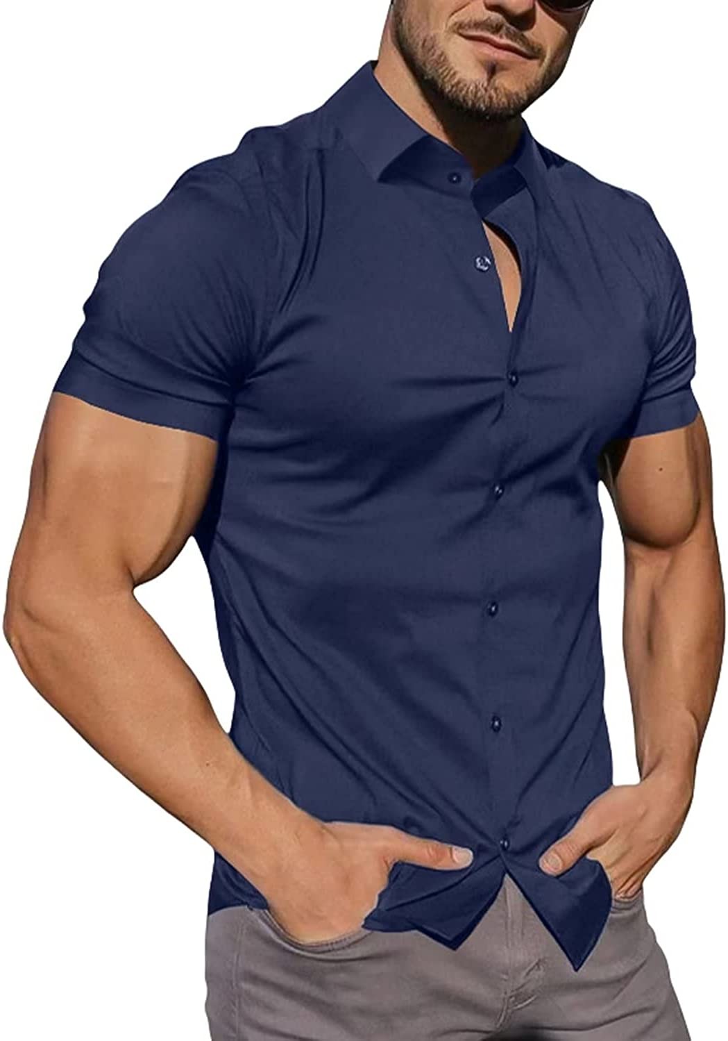 Mens Muscle Fit Dress Shirts Short Sleeve Slim Fit Casual Button Down Shirts