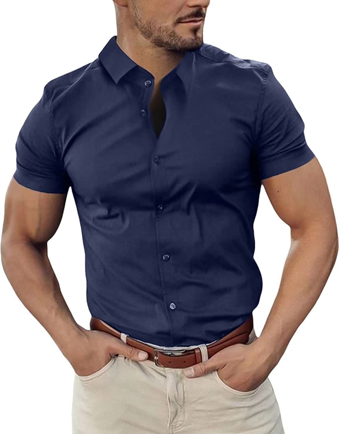 Mens Muscle Fit Dress Shirts Short Sleeve Slim Fit Casual Button Down Shirts
