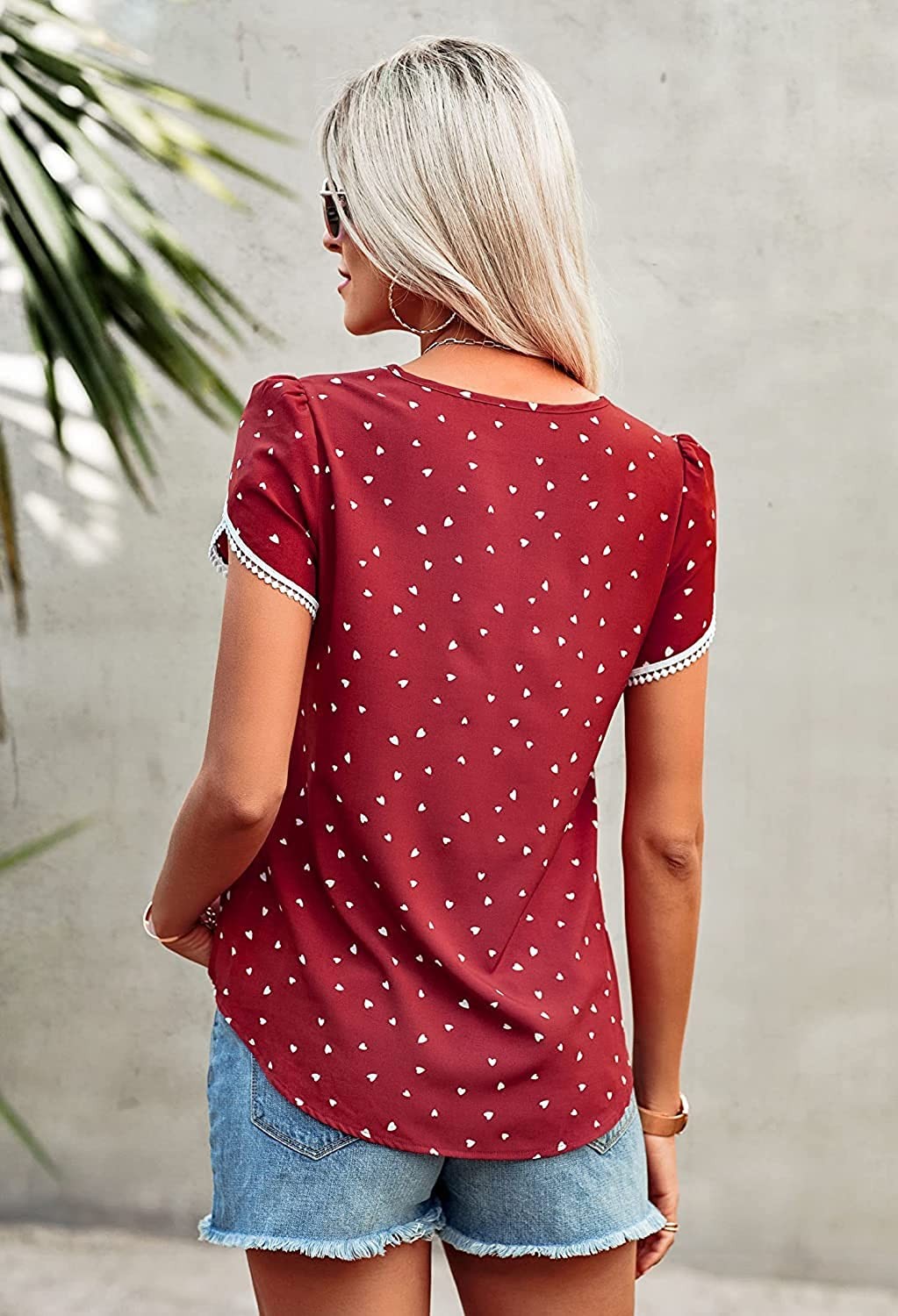 Beaully Womens Summer Tops Casual Floral Print Lace Crochet Short Sleeve Blouses Crewneck Shirt Tunic Tops