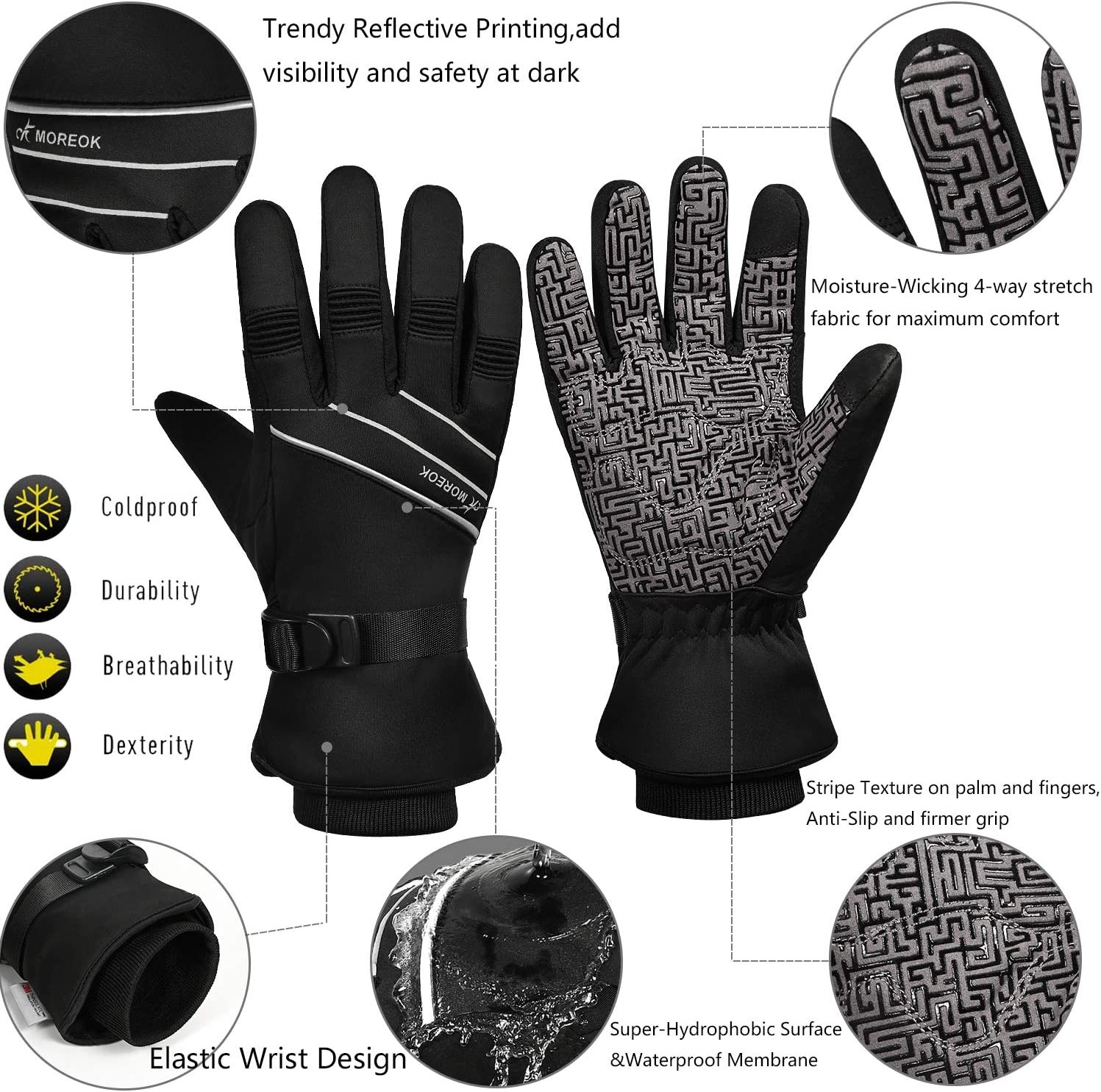 Waterproof & Windproof Winter Gloves for Men/Women,MOREOK -30°F 3M Thinsulate Thermal Gloves Touch Screen Warm Gloves for Skiing,Cycling,Motorcycle,Running,Outdoor Sports