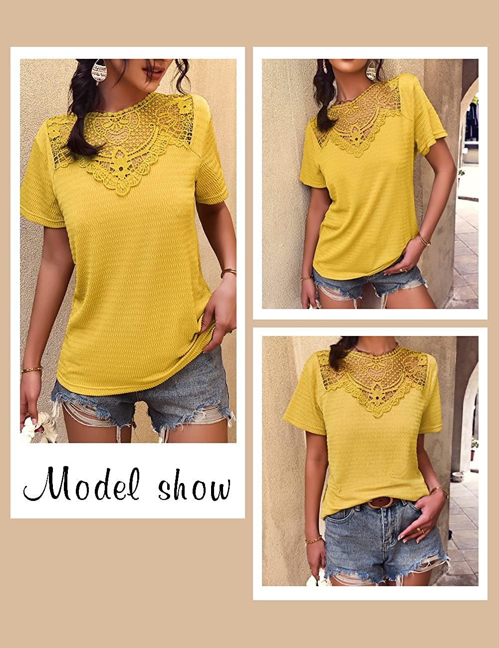 Women s Summer Casual Boho T-Shirts Loose Short Sleeve Crochet Hollow Panel Tops Tunic Shirt