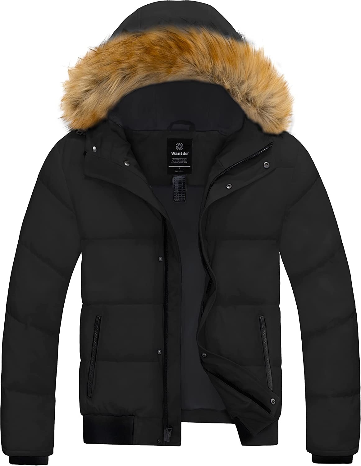 Wantdo Men s Puffer Jacket Cotton Coat with Removable Hood Black Small
