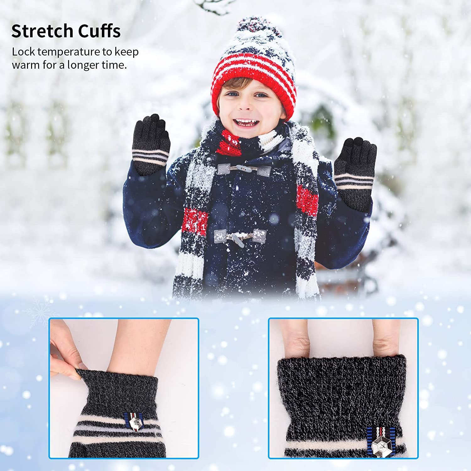 Kids Winter Warm Knit Gloves - 3 Pairs TouchScreen Cotton Glove Kids Gloves Running Sport Cold Weather Gloves Thermal Gloves