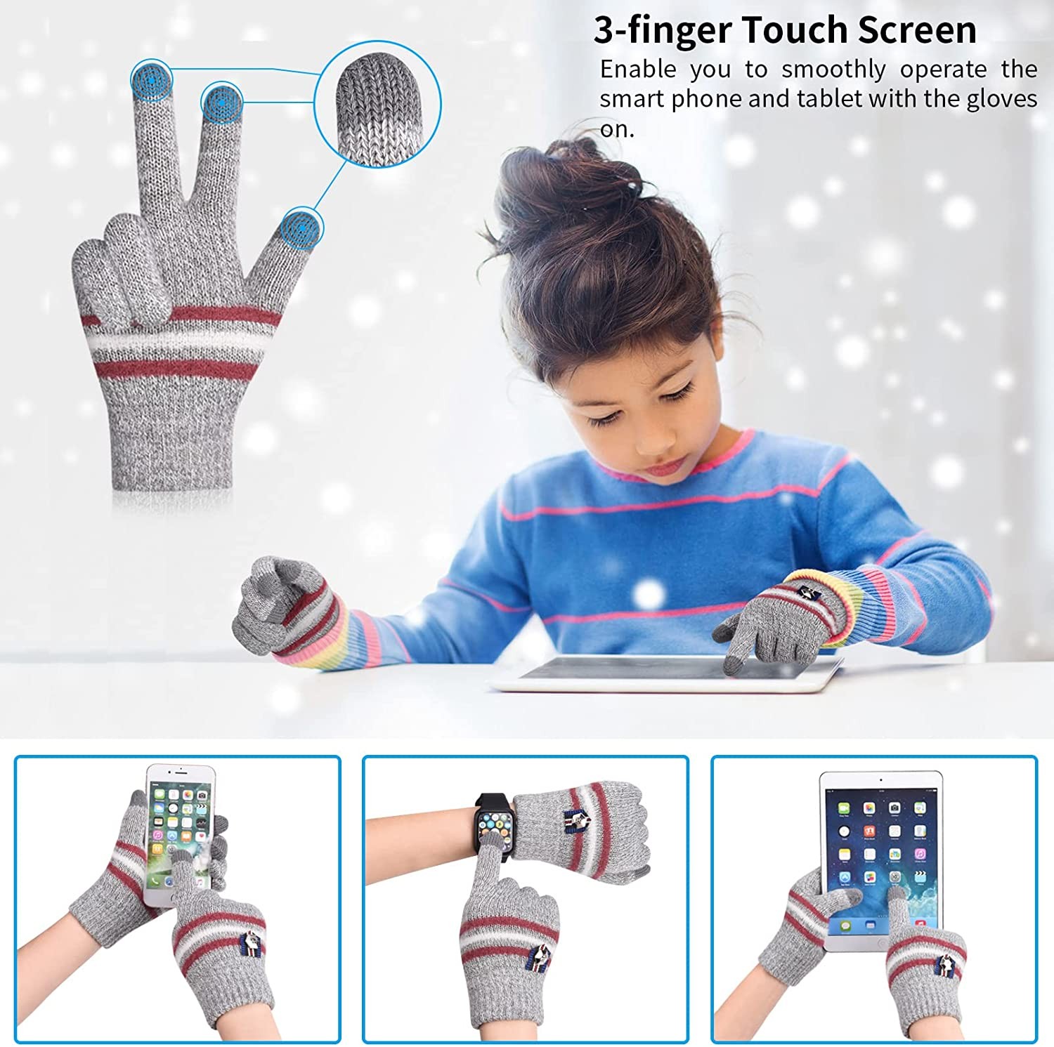Kids Winter Warm Knit Gloves - 3 Pairs TouchScreen Cotton Glove Kids Gloves Running Sport Cold Weather Gloves Thermal Gloves
