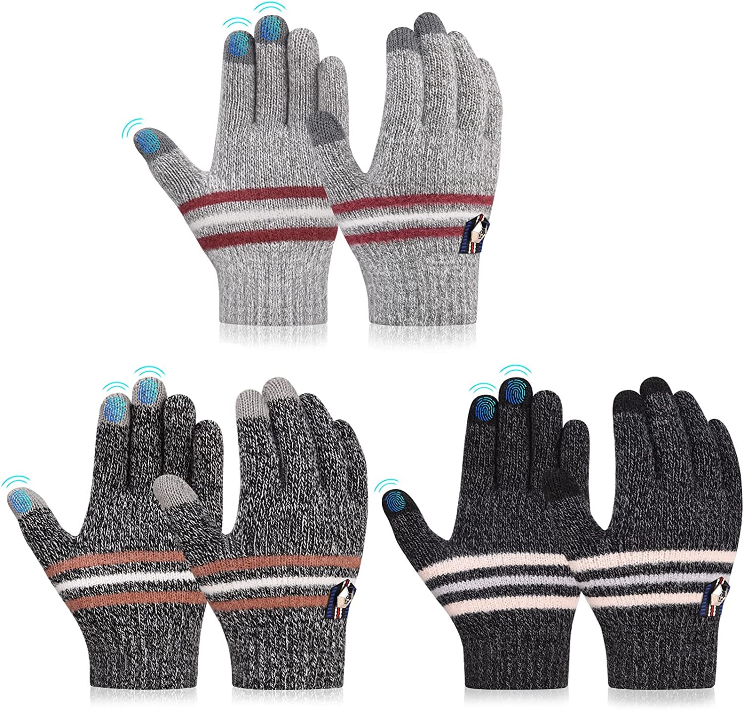 Kids Winter Warm Knit Gloves - 3 Pairs TouchScreen Cotton Glove Kids Gloves Running Sport Cold Weather Gloves Thermal Gloves