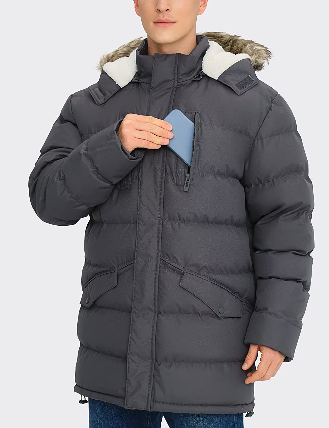 Rejork Men s Long Winter Coats Warm Water Resistant Puffy Hooded Windbreaker Insulated Thicken Jackets with Hood