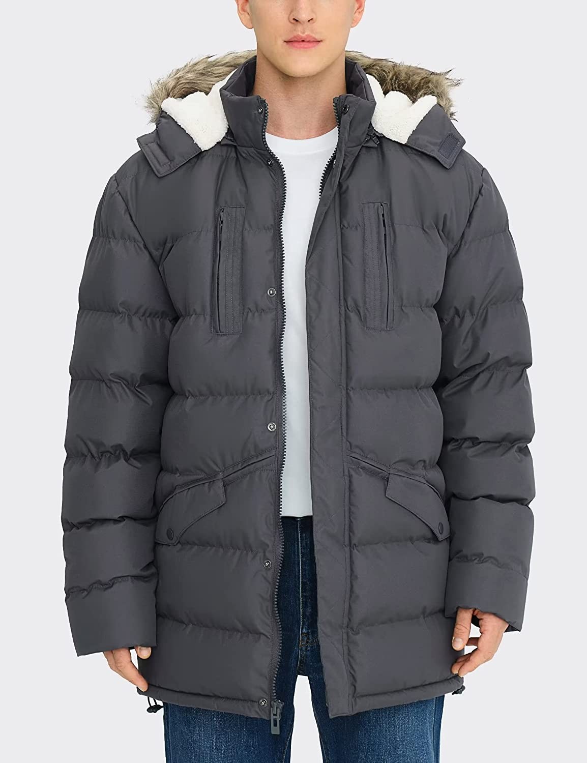 Rejork Men s Long Winter Coats Warm Water Resistant Puffy Hooded Windbreaker Insulated Thicken Jackets with Hood