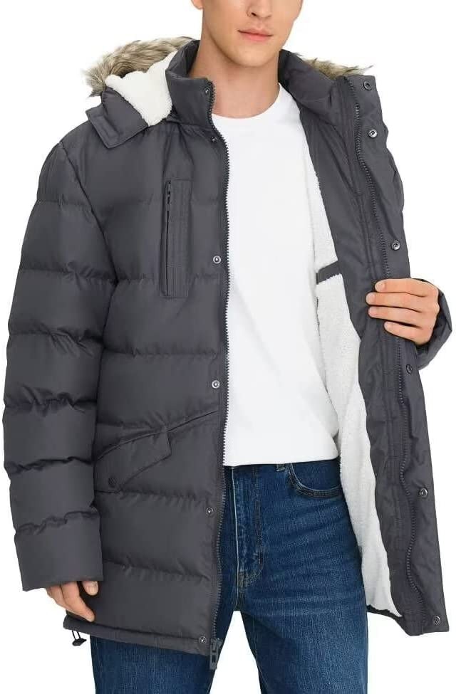 Rejork Men s Long Winter Coats Warm Water Resistant Puffy Hooded Windbreaker Insulated Thicken Jackets with Hood