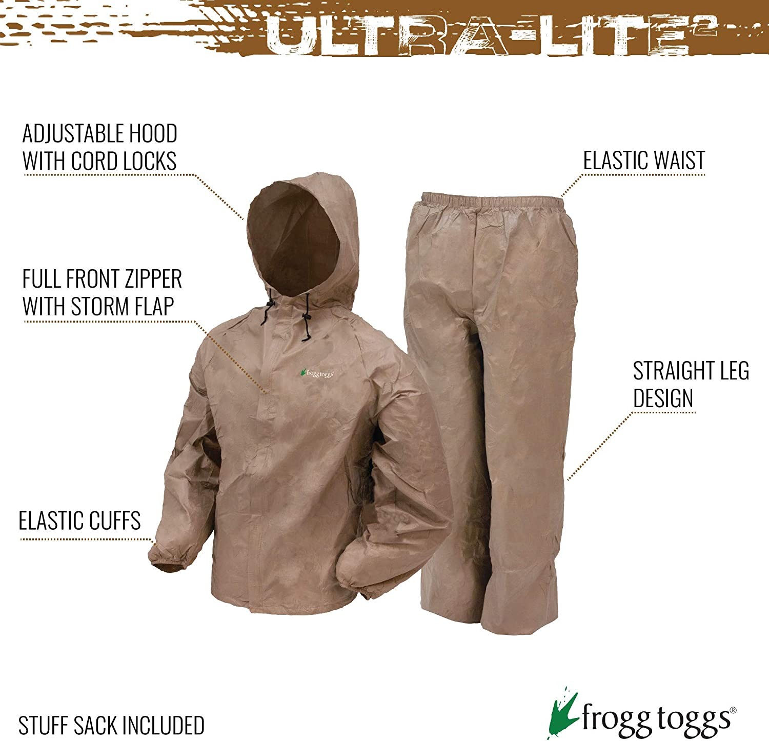 FROGG TOGGS Men s Standard Ultra-lite2 Waterproof Breathable Rain Suit, Khaki, Medium
