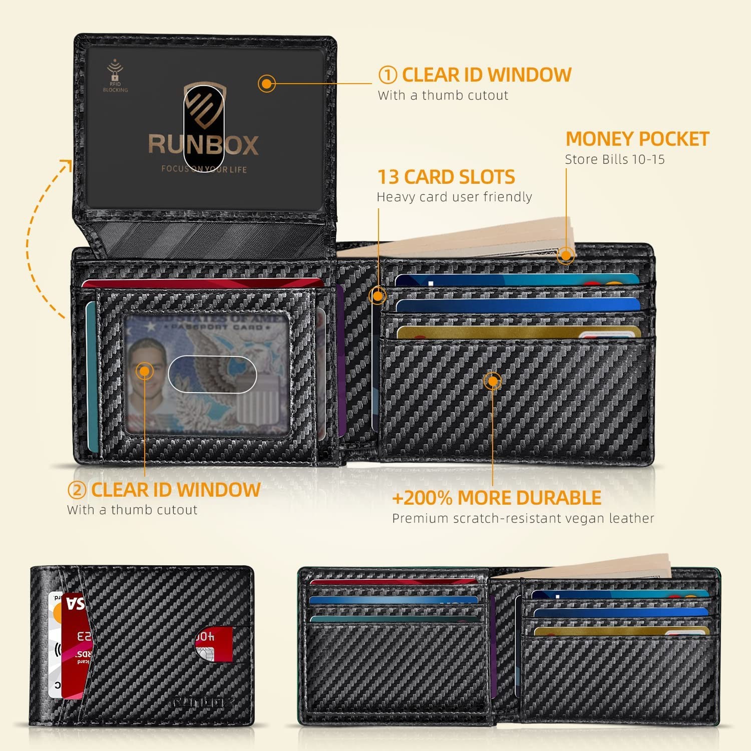RUNBOX Men s Leather Bifold Stylish Wallet for Men 15 Slots RFID Blocking with 2 ID Window Gift Box