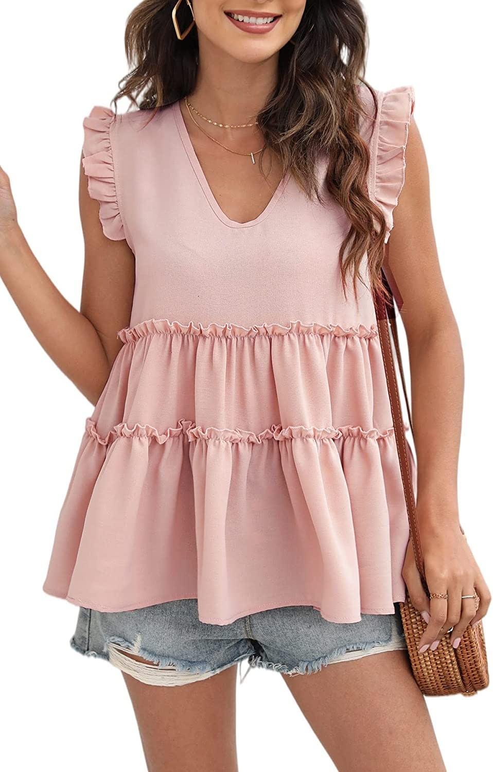 Beaully Women s Summer Floral Ruffle Sleeve Babydoll Blouses Casual Solid V Neck Tiered Shirt Tank Tops