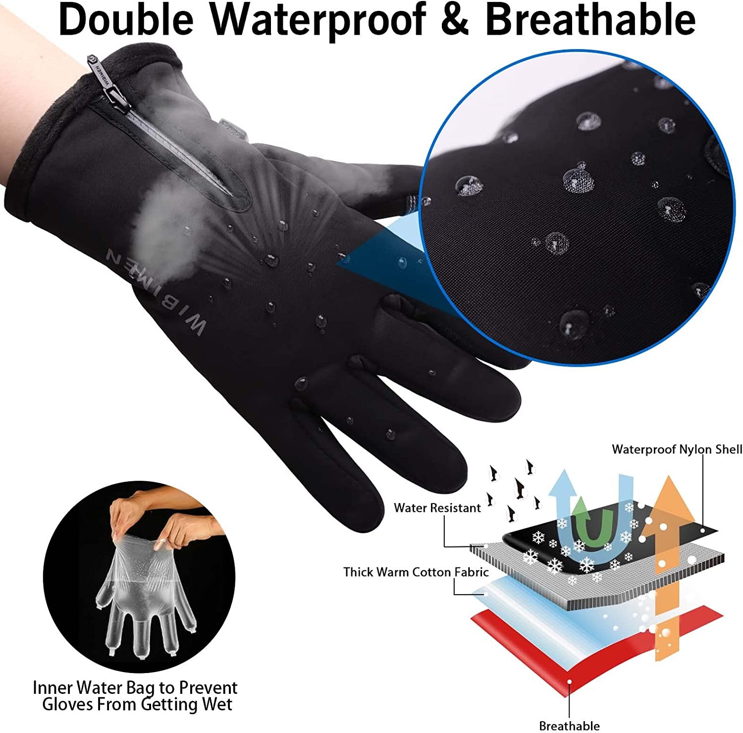 WIBIMEN -10℉ Ski Gloves, Thinsulate Winter Waterproof Gloves for Men Women, Snow Gloves with Upgraded Fingertip Touch Screen, 5-Layer Thermal Warm Gloves for Skiing Snowbarding Riding