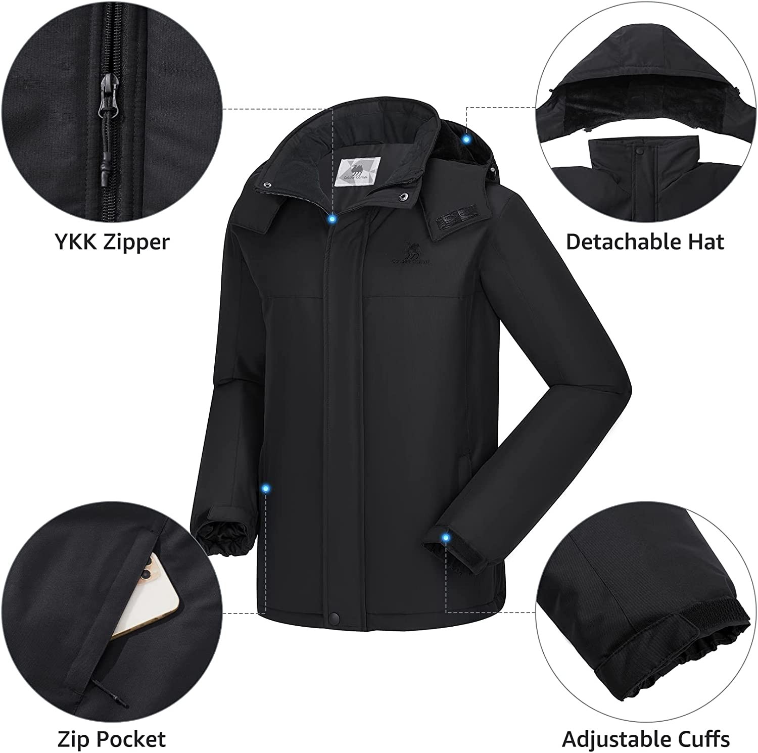 Golden Camel Men s Winter Ski Jacket Mountain Snow Coats Waterproof Detachable Hood Windproof Fleece Rain Jackets