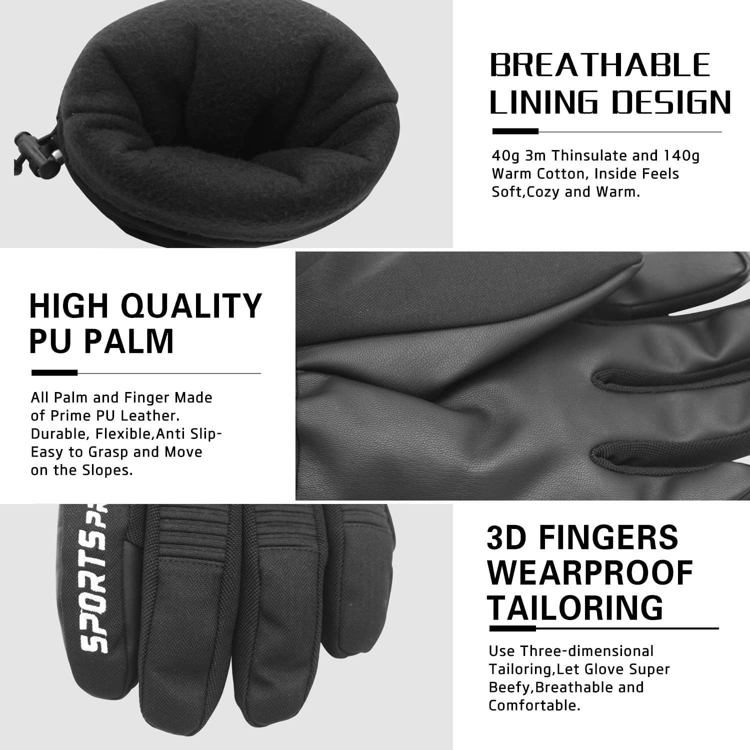 Thinsulate Mens Ski Gloves, Waterproof Insulated Cold Weather Snow Gloves with Touchscreen PU Leather Palm for Men Snowmobile Skiing Snowboard Sledding Winter Outdoor Sports
