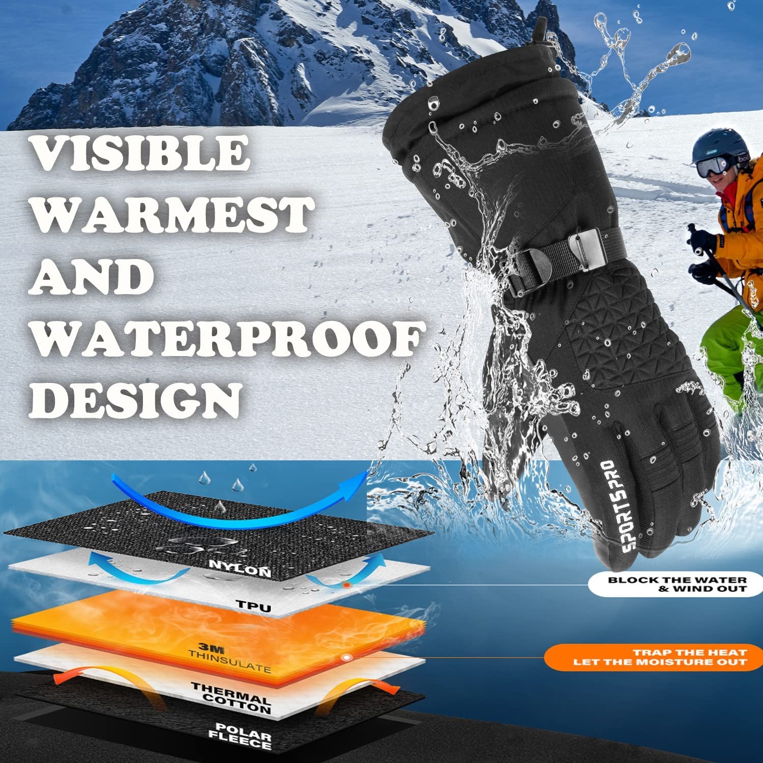Thinsulate Mens Ski Gloves, Waterproof Insulated Cold Weather Snow Gloves with Touchscreen PU Leather Palm for Men Snowmobile Skiing Snowboard Sledding Winter Outdoor Sports