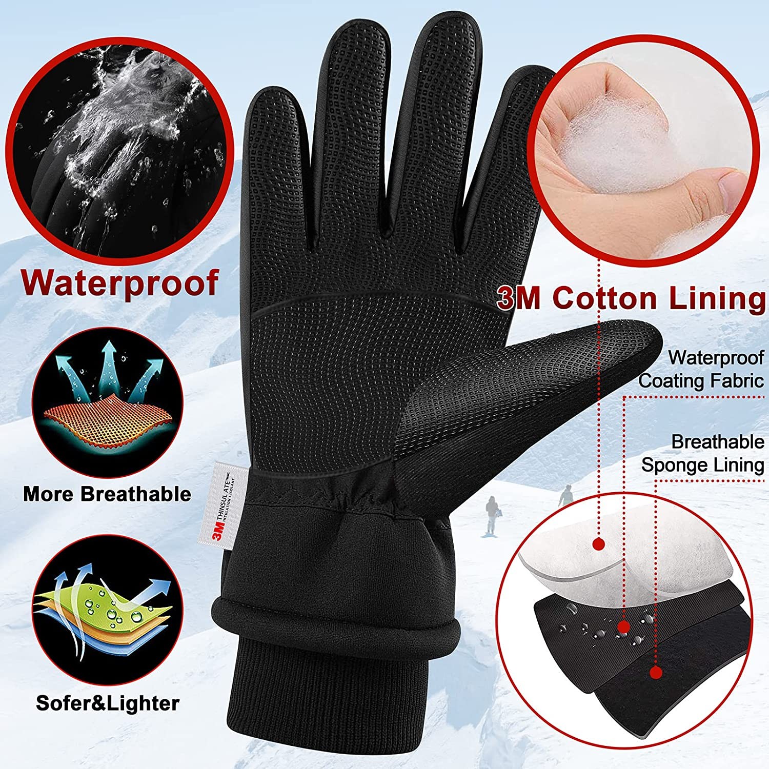 LECEVOCY Winter Warm Thermal Snow Gloves for Cold Weather-30℉Waterproof Windproof Touchscreen Ski Gloves for Work Hiking Running Cycling Riding Bike Outdoor Men & Women